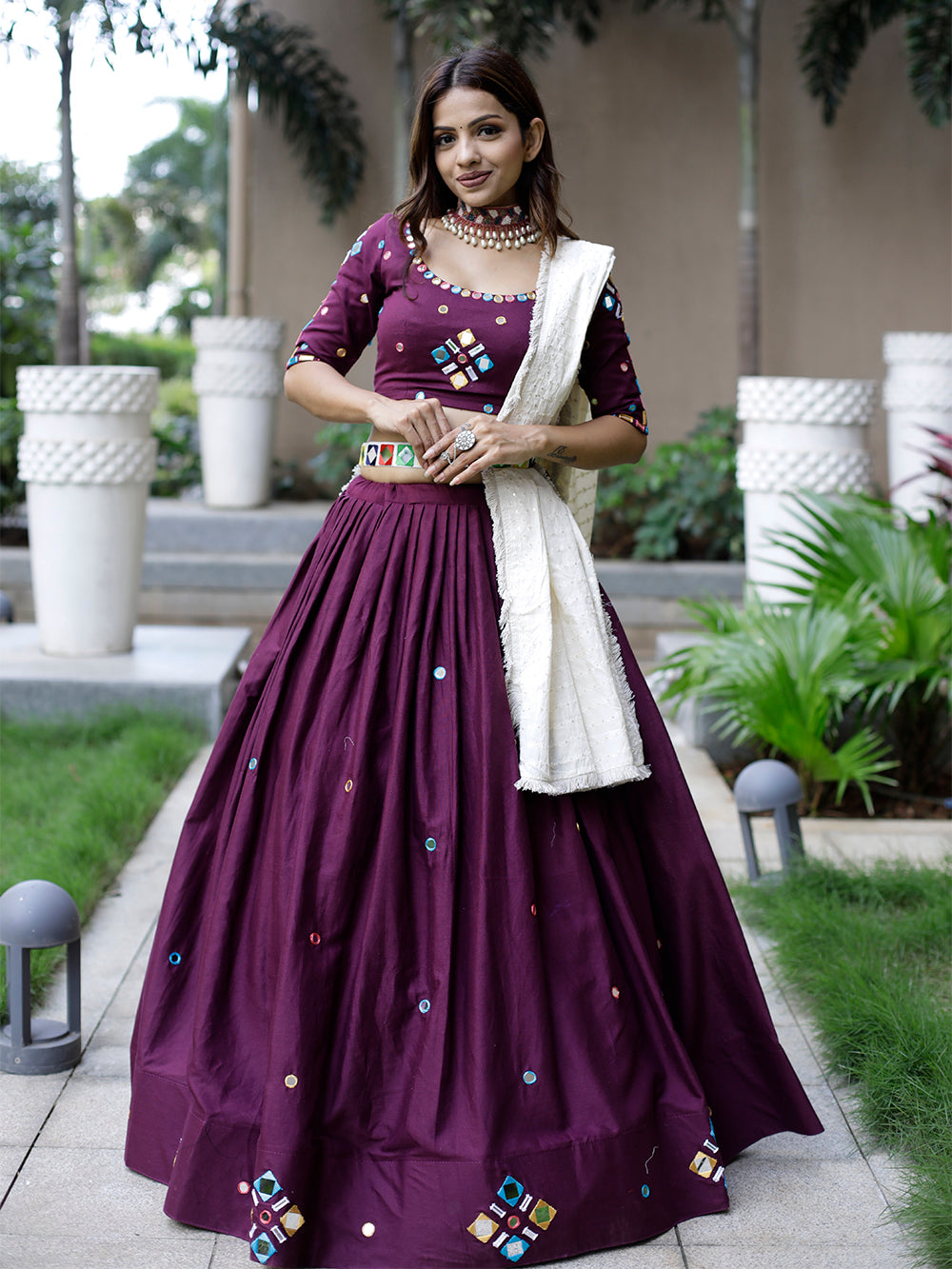 Wine Color Original Mirror Handwork Cotton Lehenga Choli