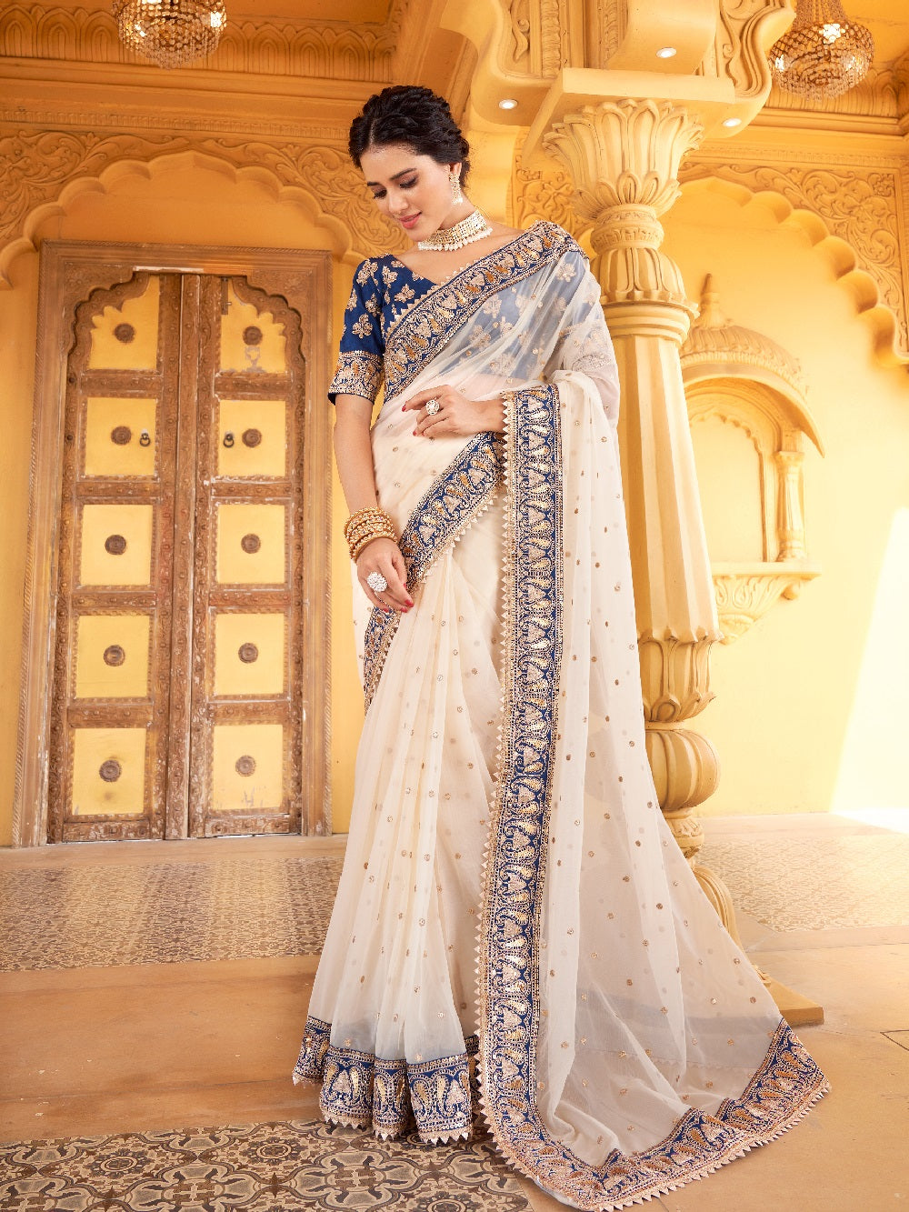 Cream Color Crushed Chinon Saree