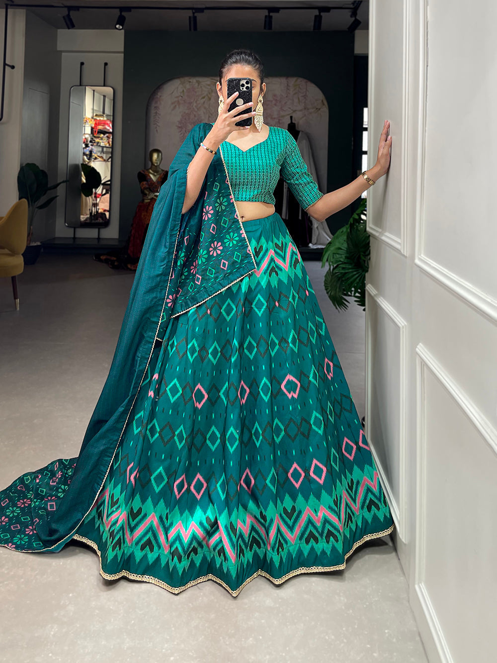 Teal Color Printed With Lace Border Vaishali Silk Indian Wedding Lehenga Choli Standard Blouse (with cups) + 500.00 / Semi-Stitched Teal Color Printed With Lace Border Vaishali Silk Indian Wedding Lehenga Choli Standard Blouse (with cups) + 500.00 / Semi-Stitched