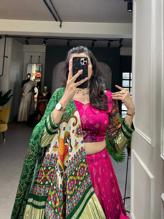 Pink Color Digital Printed With Lagadi Patta Gaji Silk Lehenga Choli