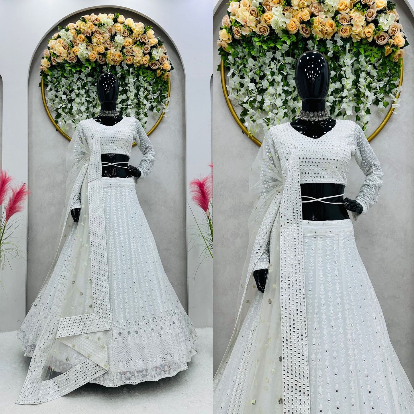 चमकदार सफेद जॉर्जेट कढ़ाई लहंगा चोली