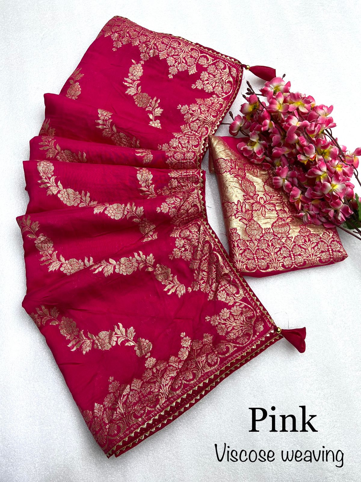 सुंदर विस्कोस कॉटन ज़कार्ड ज़री बुनाई लेहरिया फूल रेशम साड़ी