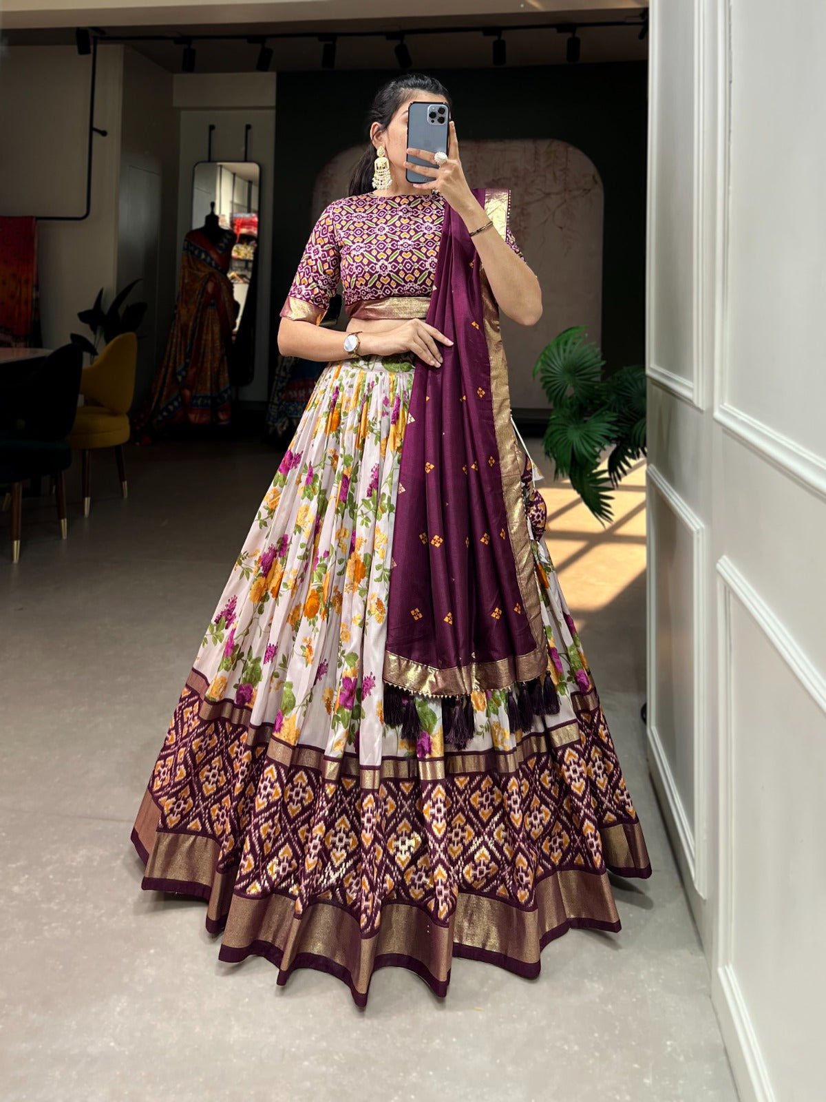 Exquisite Floral And Patola Print With Foil Work Tussar Silk Lehenga