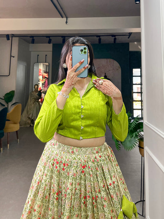 Parrot Color Floral Print With Sequins And Zari Border Dola Silk Co-ord Set Lehenga Choli