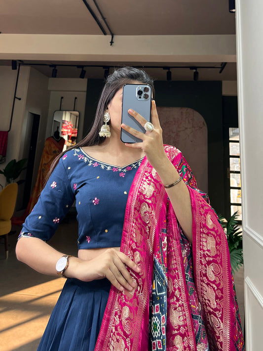 Navy Blue Color Plain With Gota Patti Touch Up Cotton Lehenga Choli