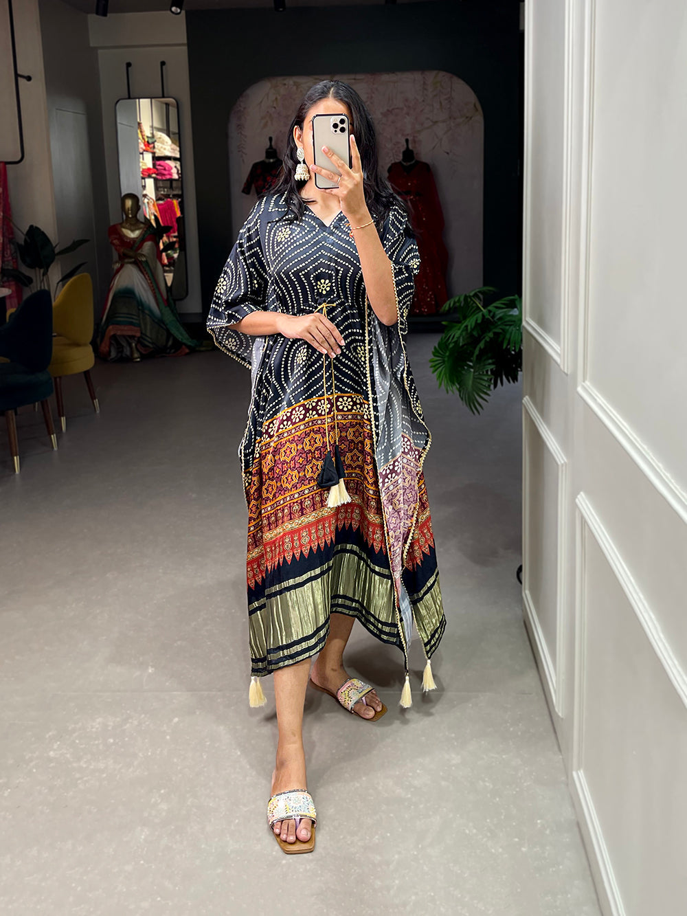 Black Color Digital Bandhej Printed Gaji Silk Kaftan