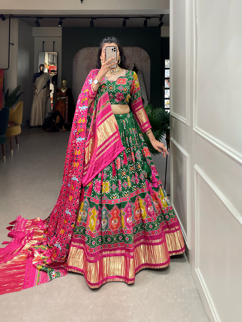 Green Color Digital Printed With Lagadi Patta Gaji Silk Lehenga Choli