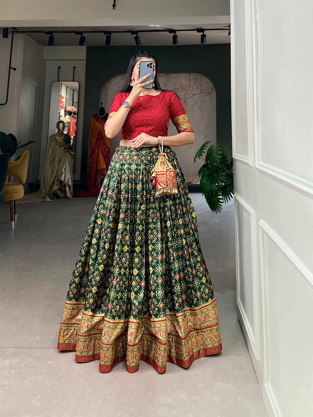 Green Color Foil Print And Embellish Stone Work Dola Silk Co-ord Set Lehenga