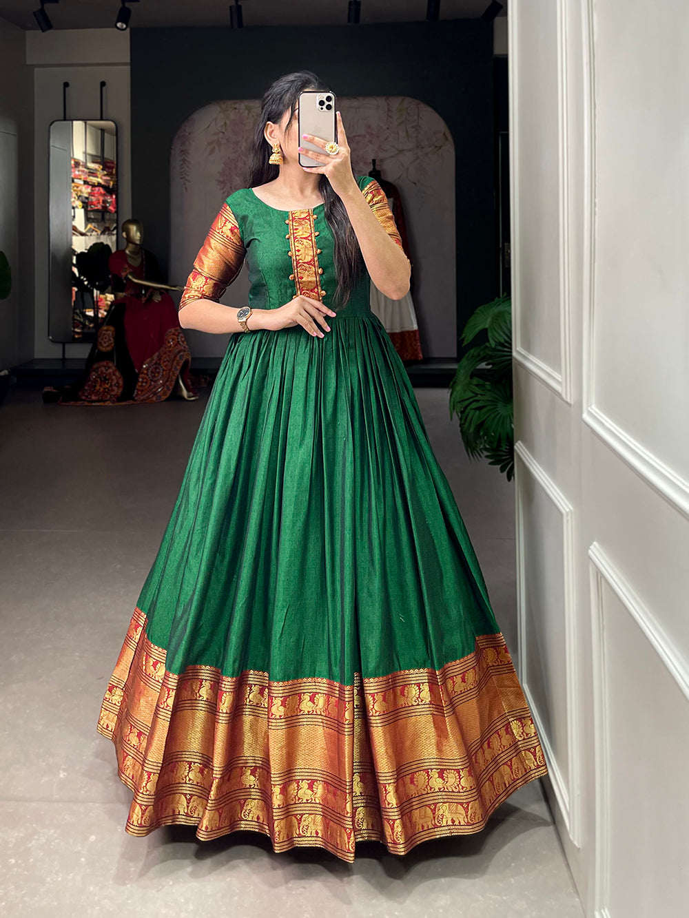 Green Color Zari Weaving Work Narayan Pet (Cotton) Dress Free Size Green Color Zari Weaving Work Narayan Pet (Cotton) Dress Free Size