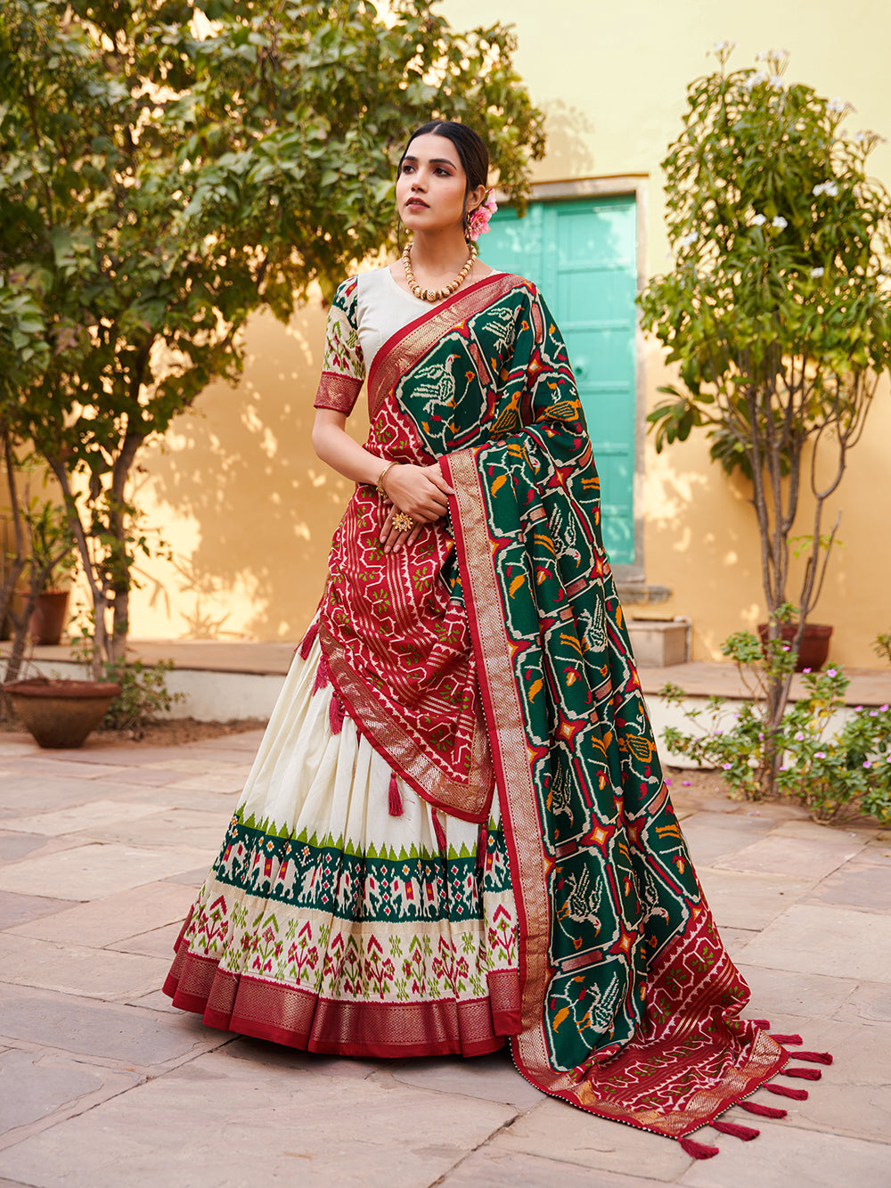 Green Color Patola Print With Foil Print Tussar Silk Lehenga Choli