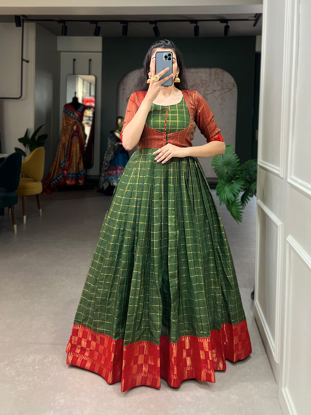 Green Color Zari Weaving Work Zari Chex Traditional Dress Free Size Green Color Zari Weaving Work Zari Chex Traditional Dress Free Size