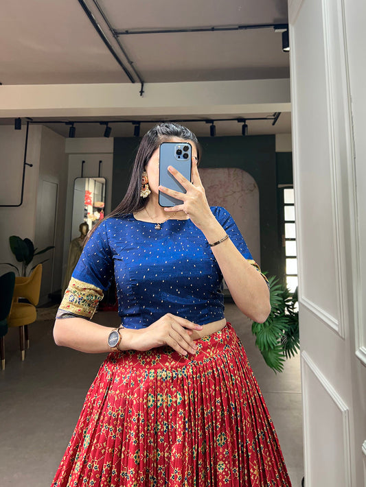 Red Color Foil Print And Embellish Stone Work Dola Silk Co-ord Set Lehenga