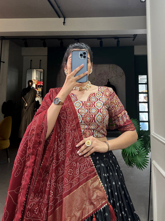 Black Color Bandhani And Ajrakh Print With Foil Work Dola Silk Chaniya Choli
