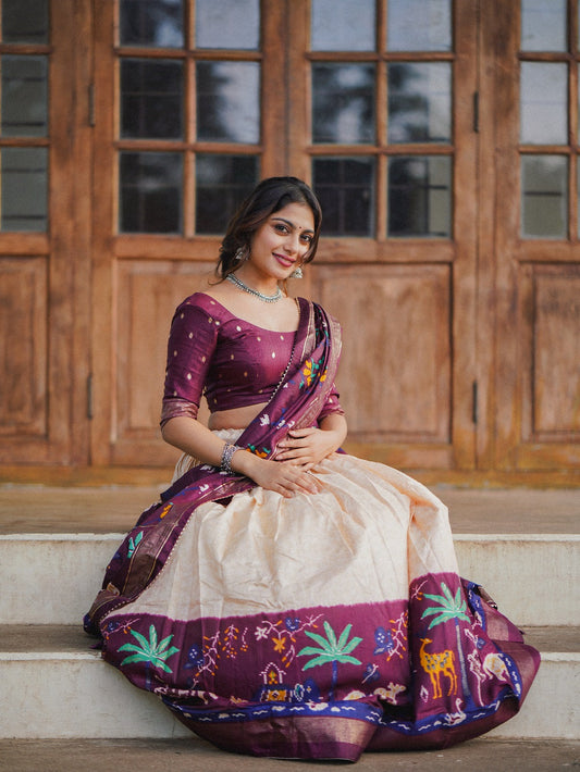 वाइन कलर प्रिंटेड विद फॉयल वर्क डोला सिल्क लहंगा चोली