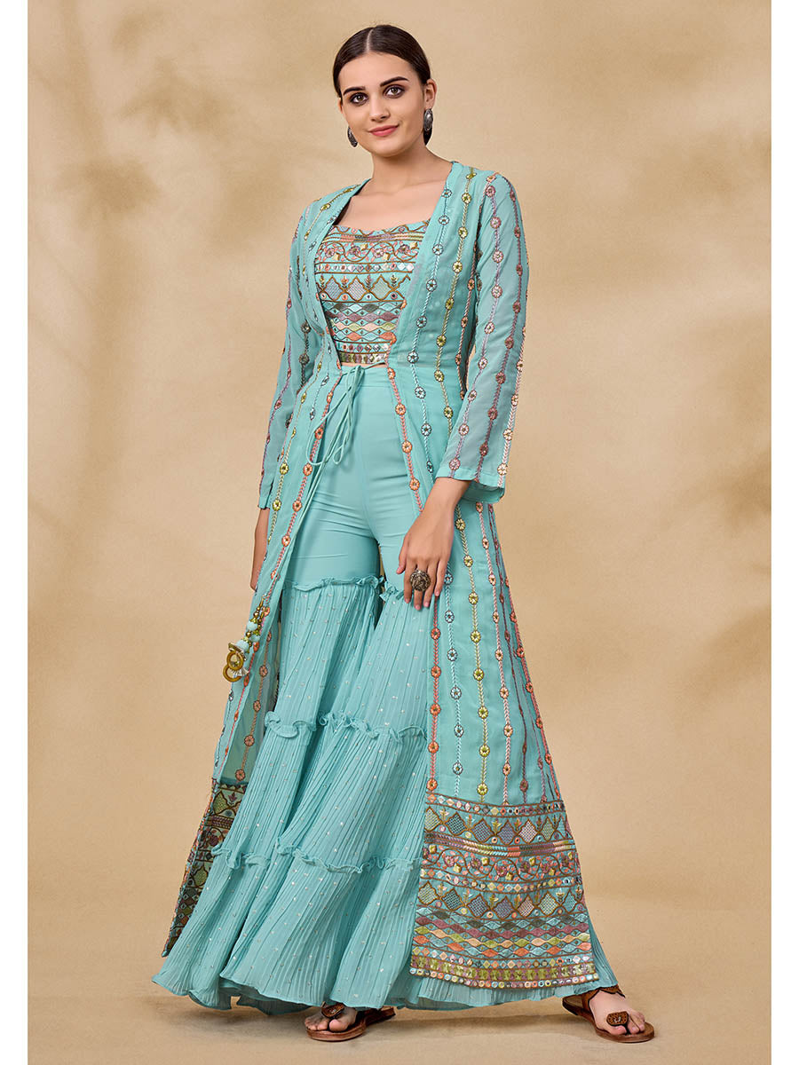 स्काई ब्लू गोरगेट जैकेट स्टाइल सूट