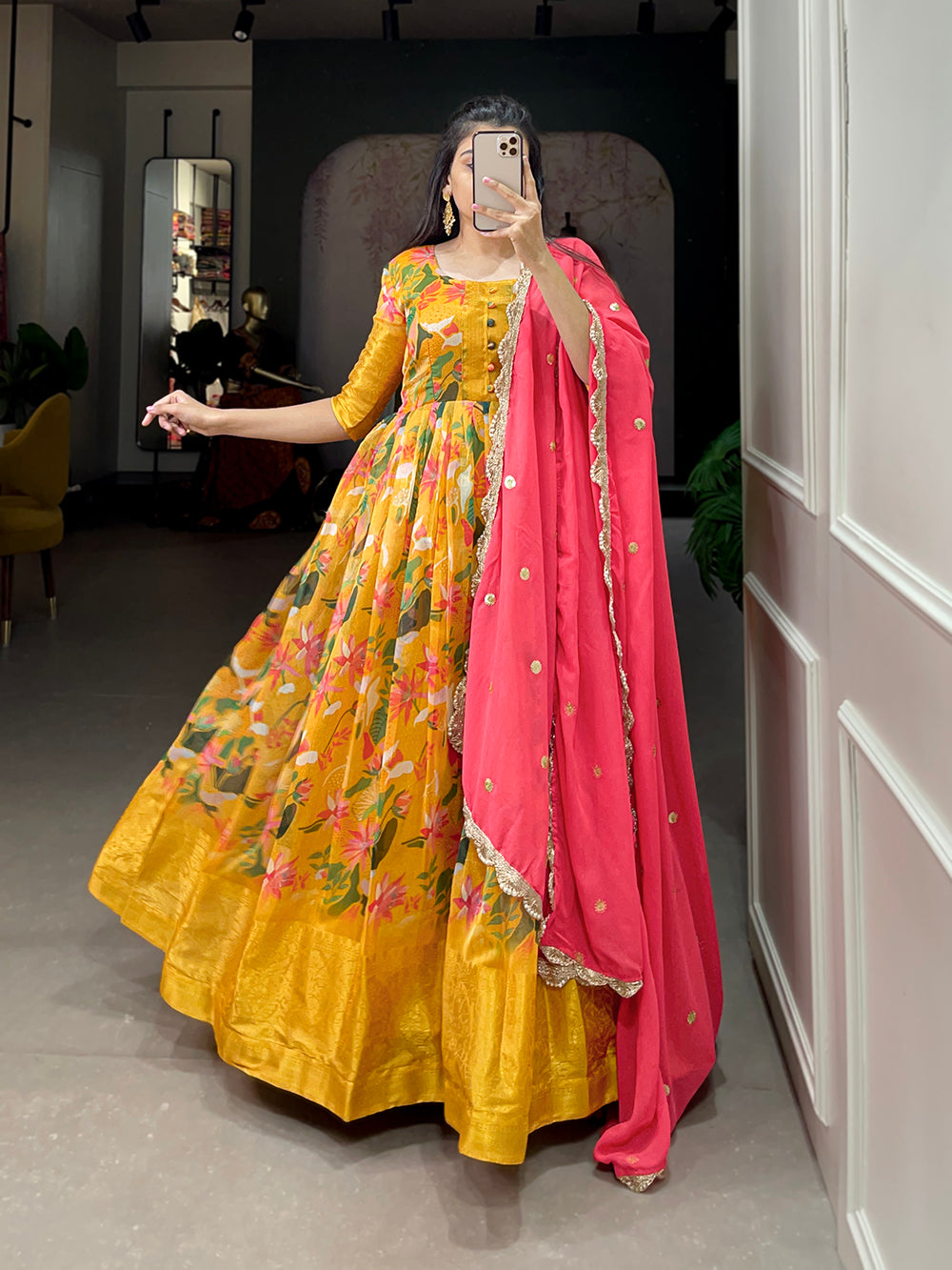Yellow Color Printed With Weaving Work Patta Soft Chanderi Dress