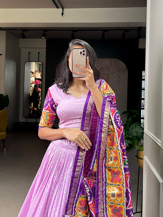 Lavender Color Patola Print With Foil Work Tussar Silk Lehenga Choli