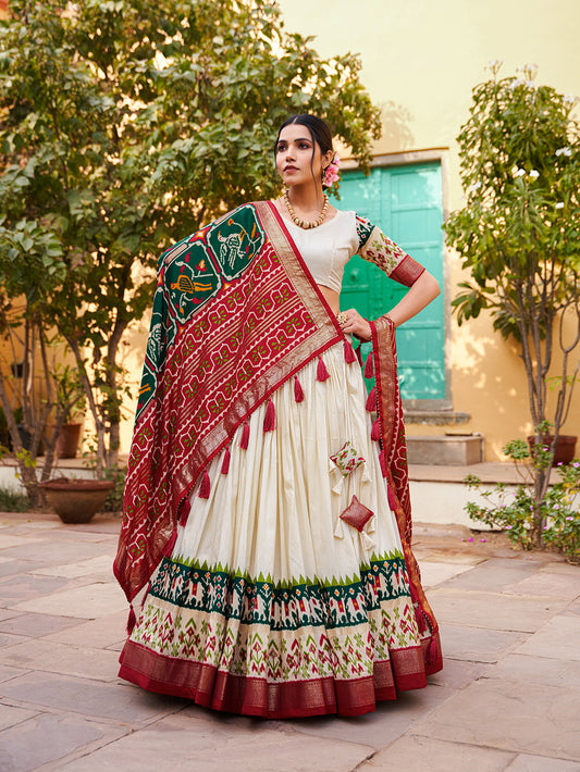 Green Color Patola Print With Foil Print Tussar Silk Lehenga Choli