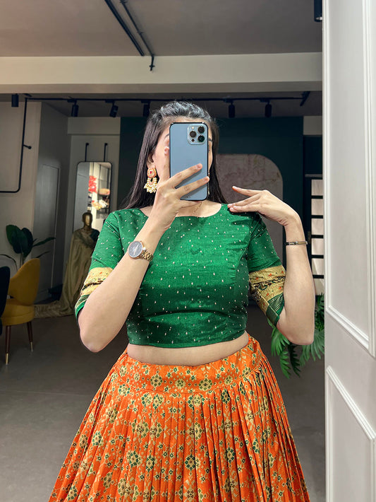 Orange Color Foil Print And Embellish Stone Work Dola Silk Co-ord Set Lehenga