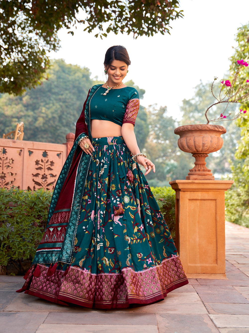 Teal Color Minakari With Foil Print Tussar Silk Lehenga Choli