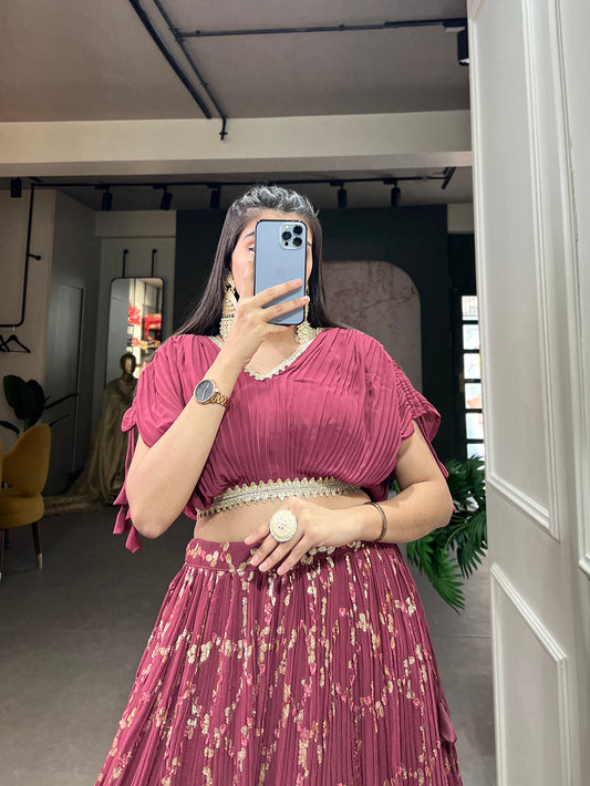 Onion Color Sequins And Thread Embroidery Work Crushed Georgette Co-Ord Set Lehenga Choli