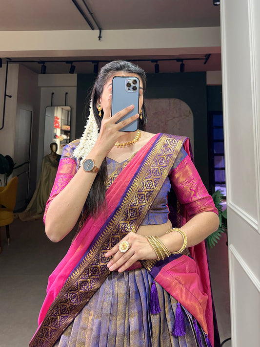 Navy Blue Color Zari Weaving Work Kanjivaram Lehenga Choli