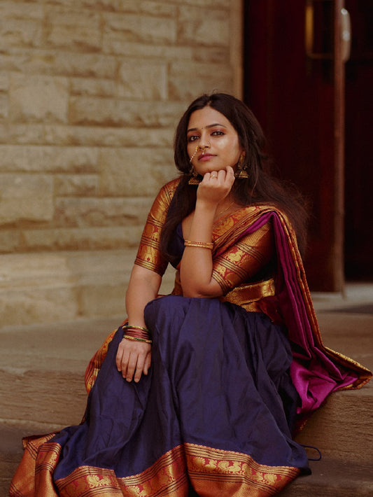 नेवी ब्लू कलर ज़री बुनाई वर्क नारायण पेट कॉटन हाफ साड़ी लहंगा चोली