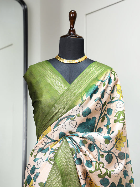 Green Color Printed With Zari Border Dola Silk Saree