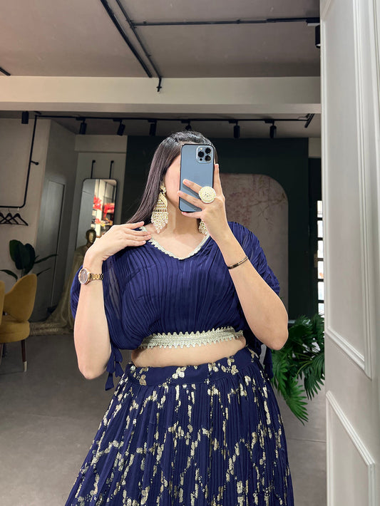 Navy Blue Color Sequins And Thread Embroidery Work Crushed Georgette Co-Ord Set Lehenga Choli