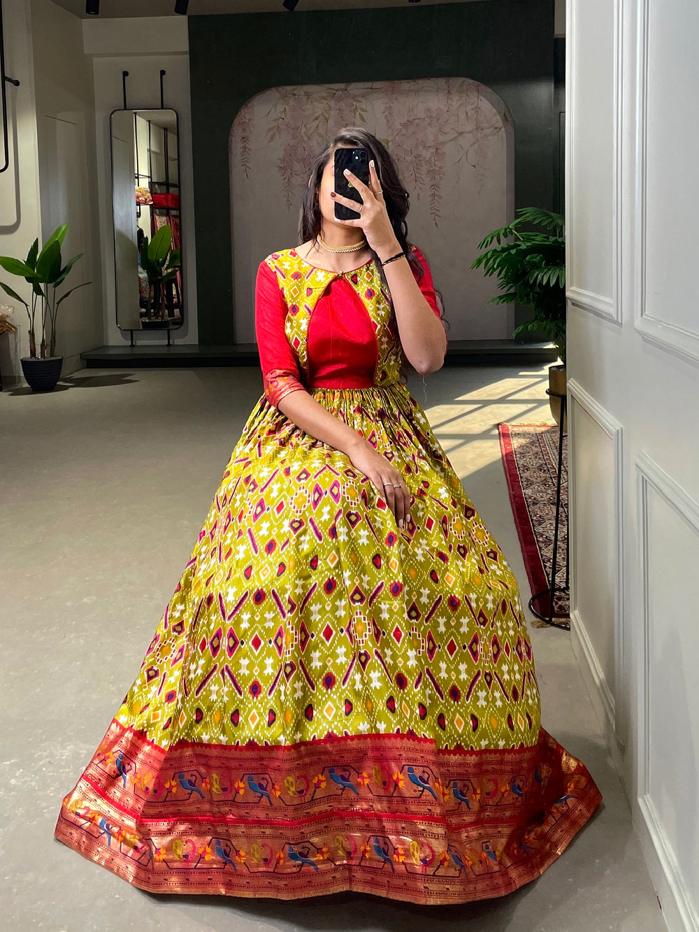 Mehendi Color Patola Paithani Printed And Foil Printed Silk Dress