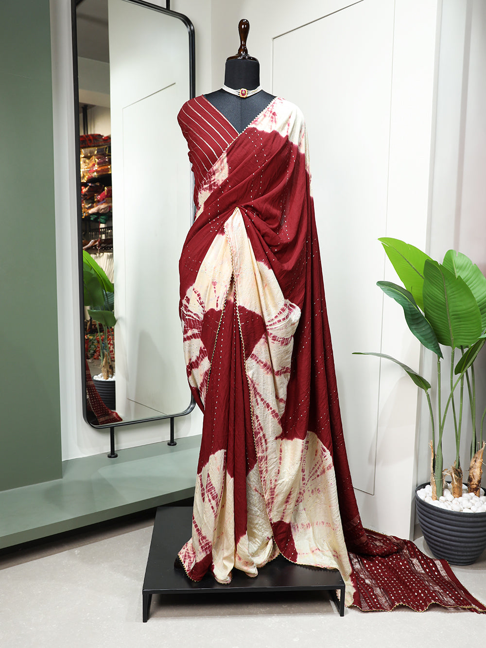 Maroon Color Sequins With Zari Line And Gota Patti Lace Border Viscose Chanderi Saree