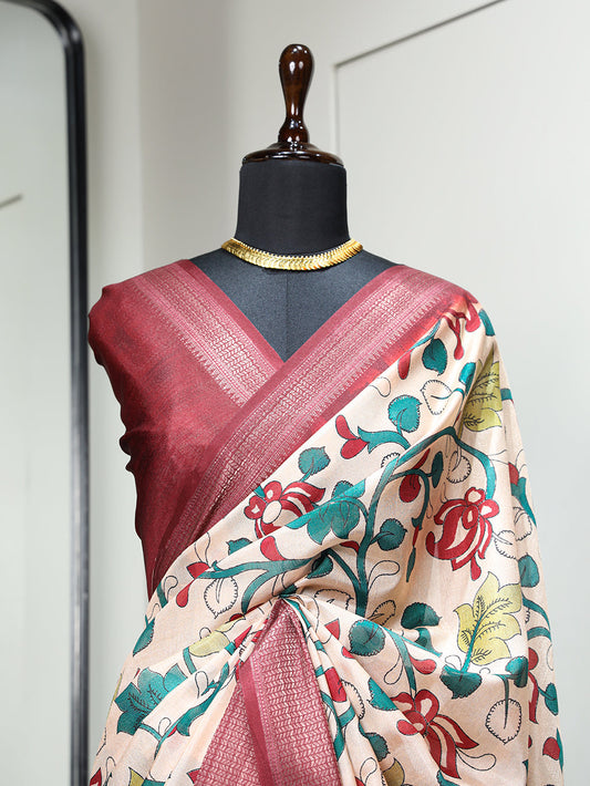 मैरून रंग प्रिंटेड ज़री बॉर्डर डोला सिल्क साड़ी