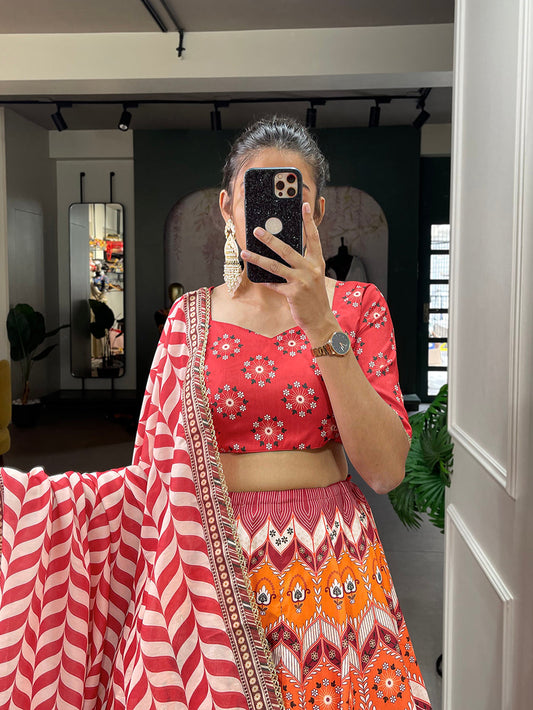 Red Color Printed With Lace Border Vaishali Silk Wedding Lehenga Choli