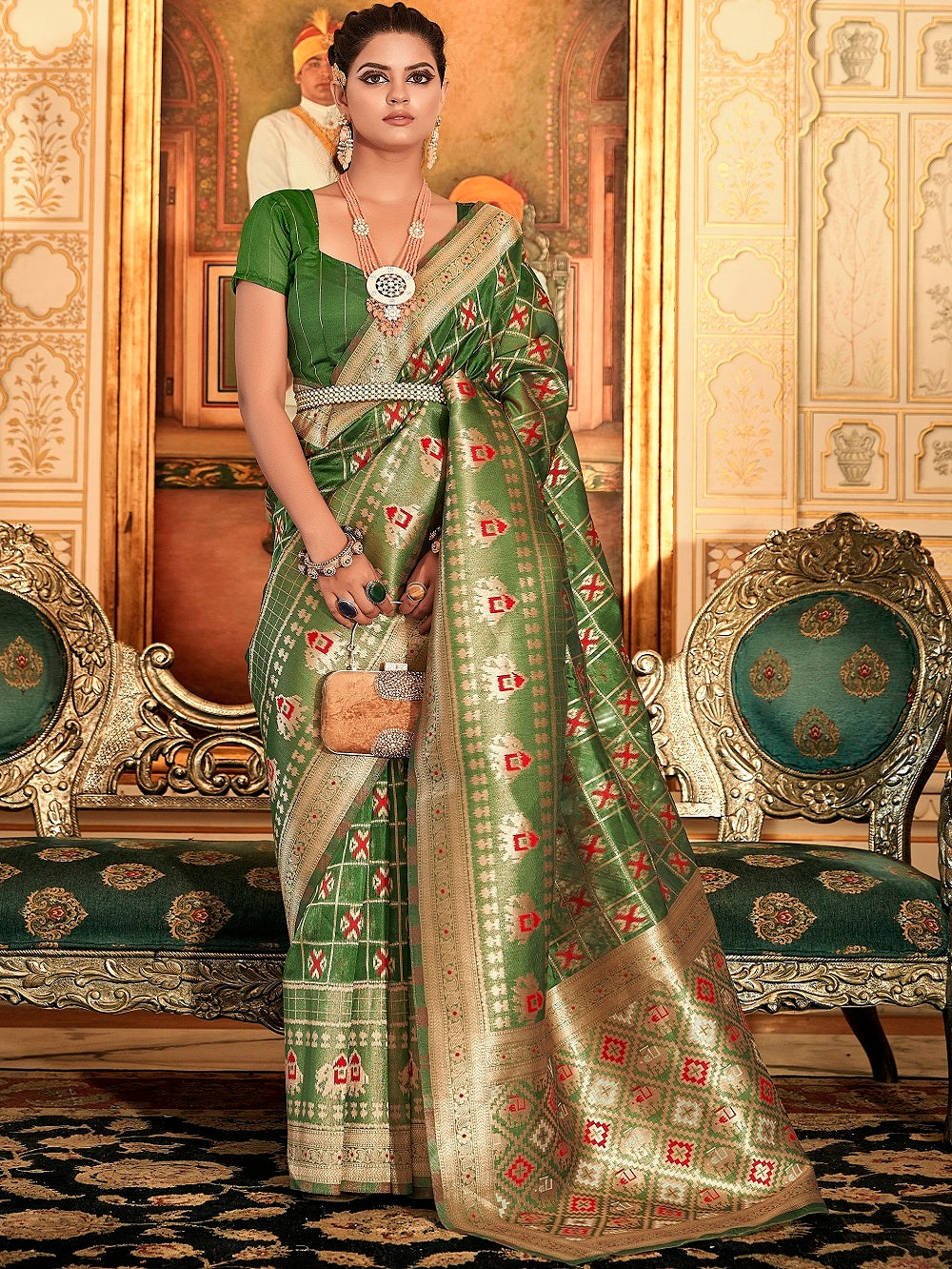 Mehndi Color Weaving Work Organza Saree