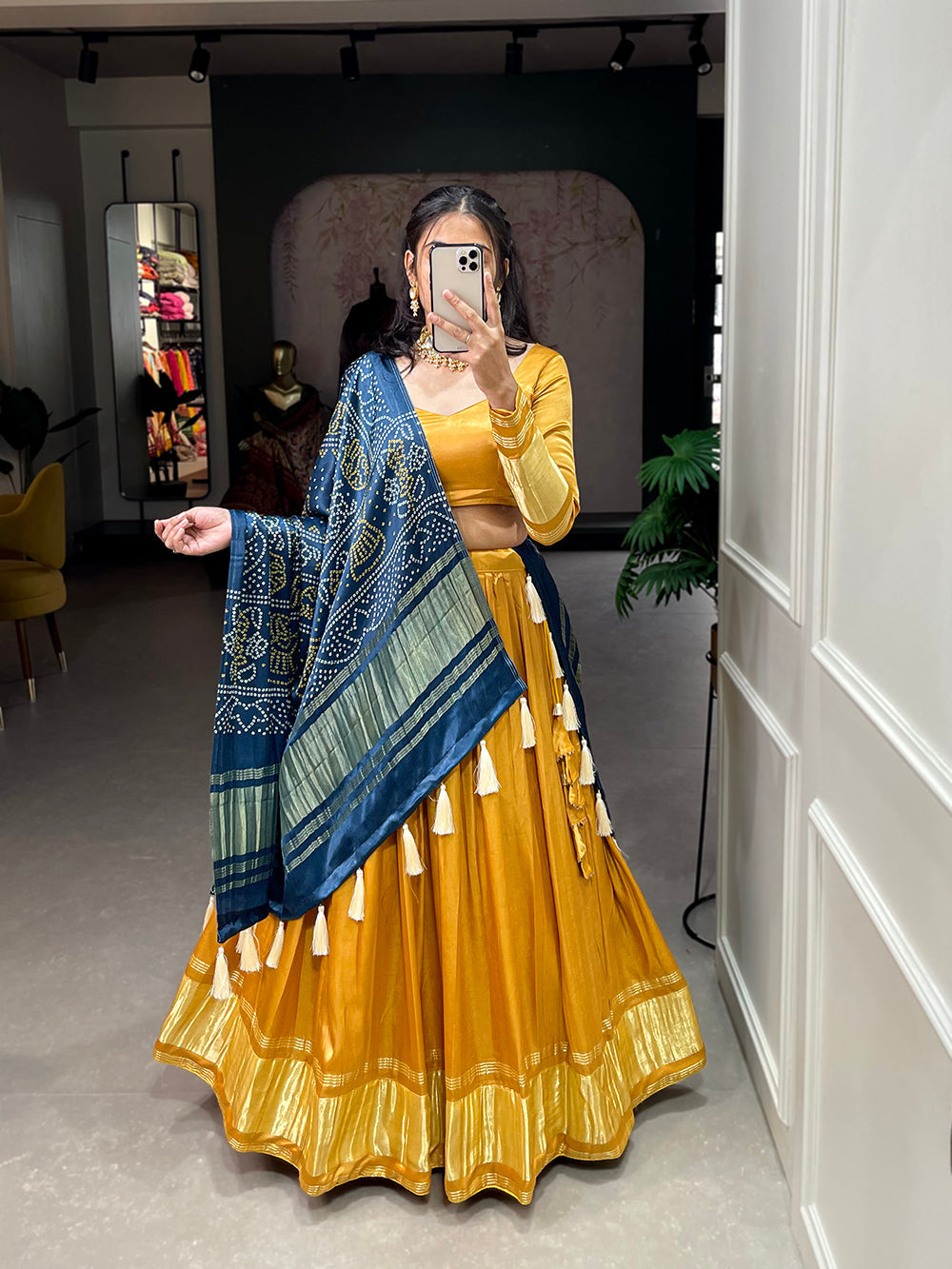 Mustard Color Dyeing With Lagdi Patta Gaji Silk Lehenga Choli