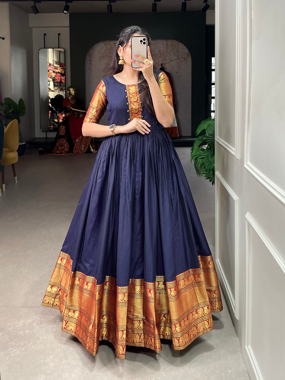 Navy Blue Color Zari Weaving Work Narayan Pet (Cotton) Dress Free Size Navy Blue Color Zari Weaving Work Narayan Pet (Cotton) Dress Free Size