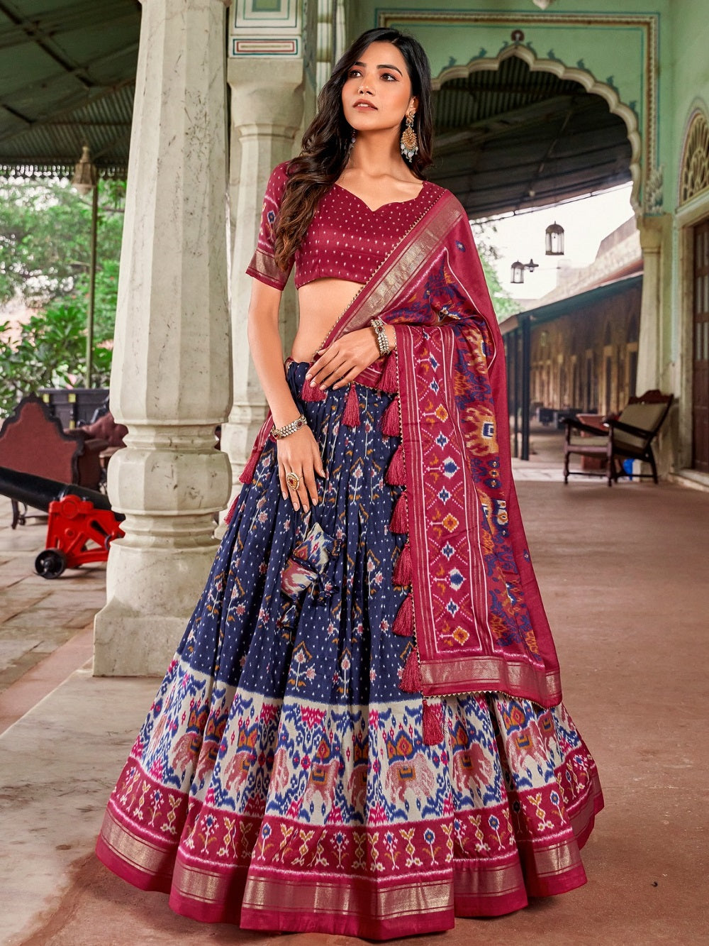 Navy Blue Color Patola Print With Foil Work Tussar Silk Lehenga Choli