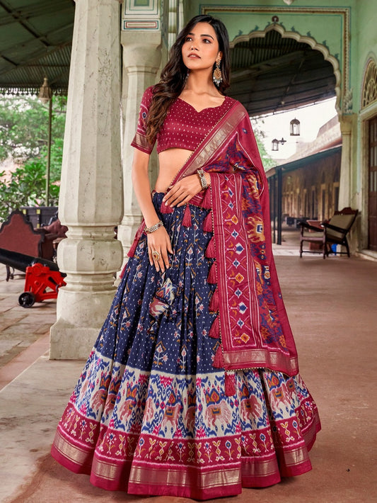 Navy Blue Color Patola Print With Foil Work Tussar Silk Lehenga Choli