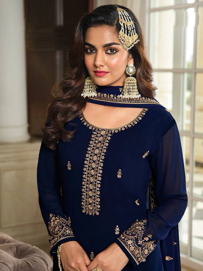 Navy Blue Eid Wear Designer Shalwar Kameez Palazzo Suits Heavy Embroidery Worked Pakistani Indian Wedding Wear Beautiful Salwar Kameez Dupatta Dresses