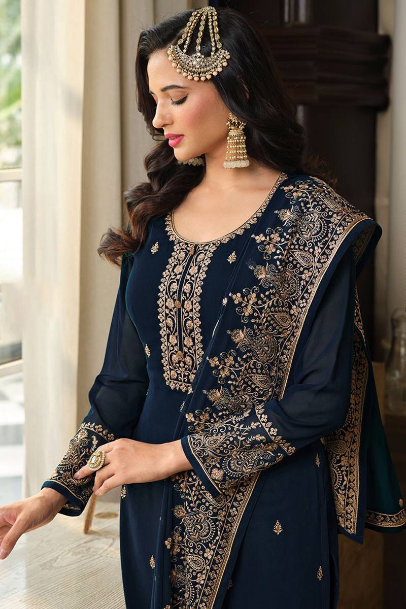 Navy Blue Embroidered Georgette Pakistani Suit
