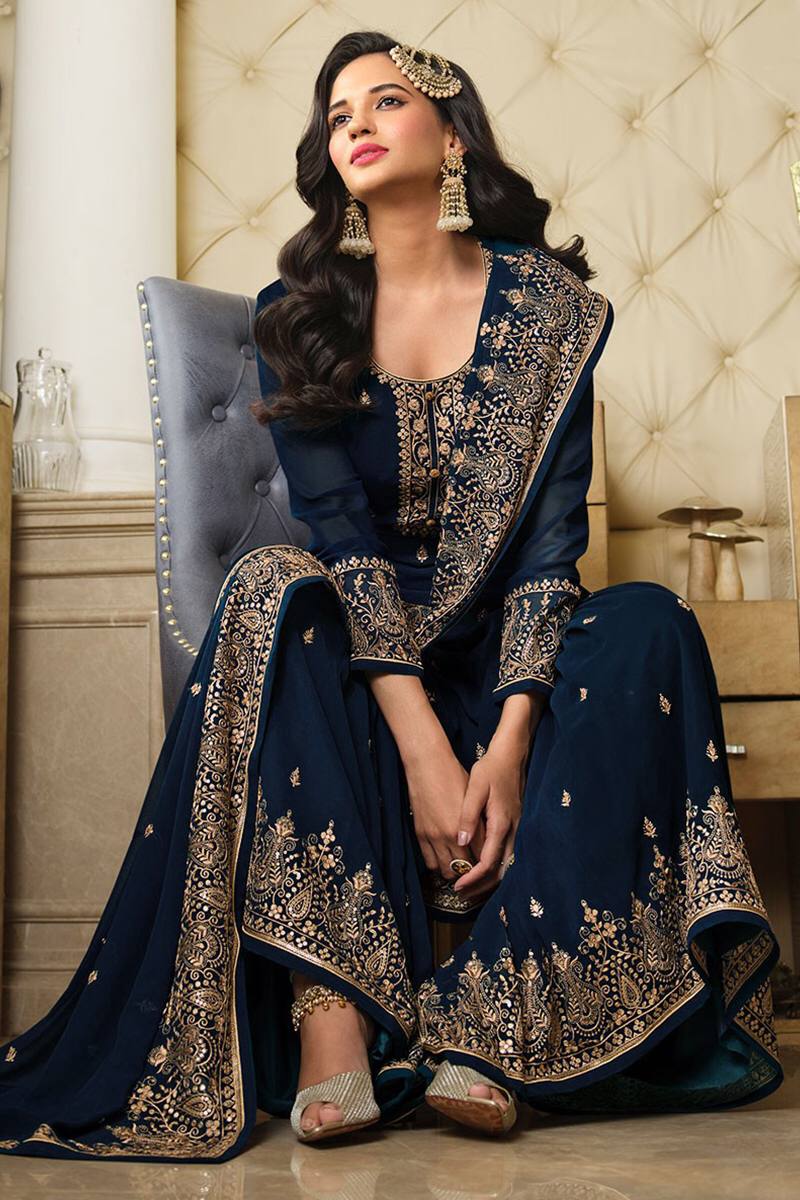 Navy Blue Embroidered Georgette Pakistani Suit