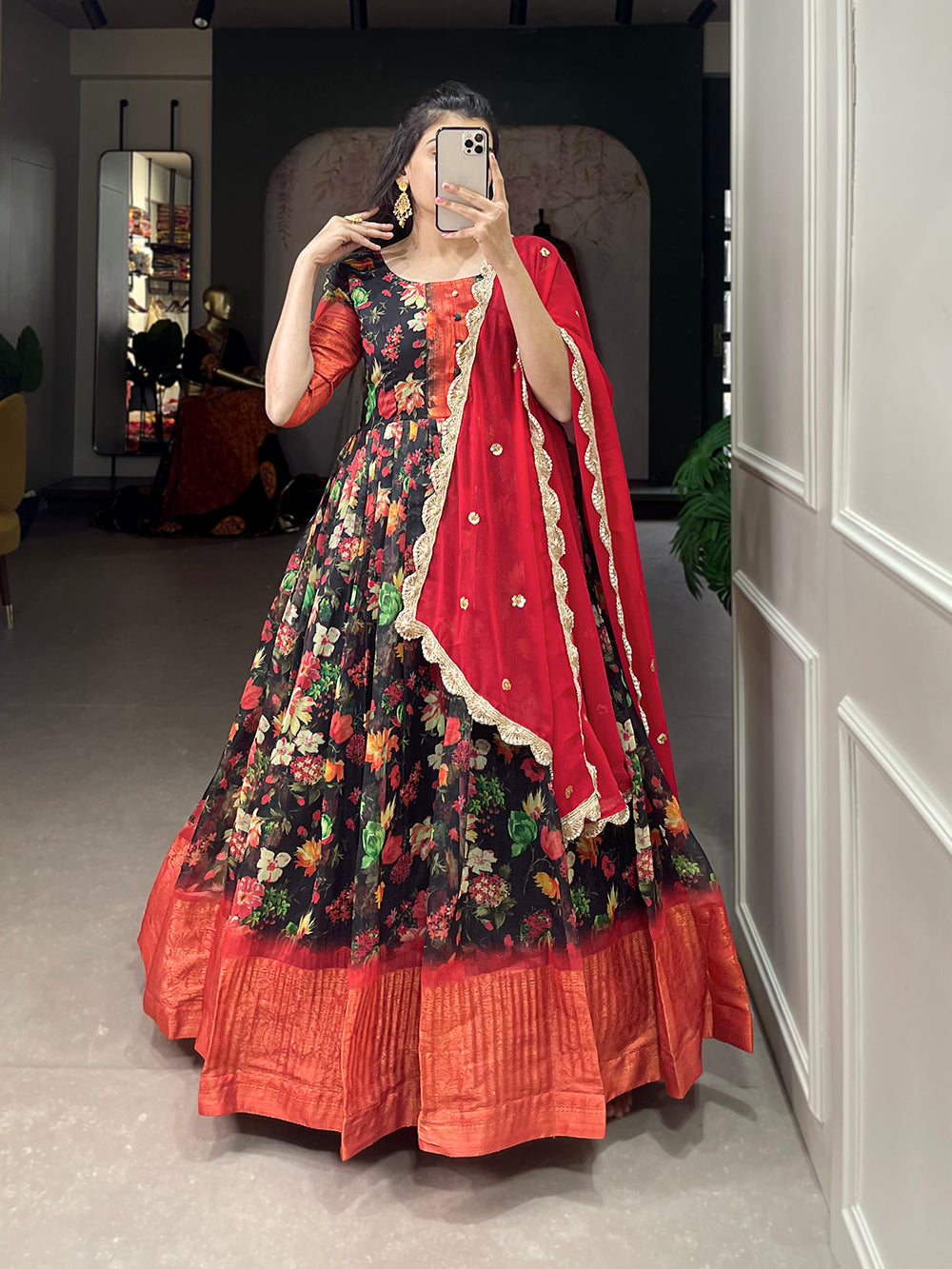 Multi Color Printed With Weaving Work Patta Soft Chanderi Dress