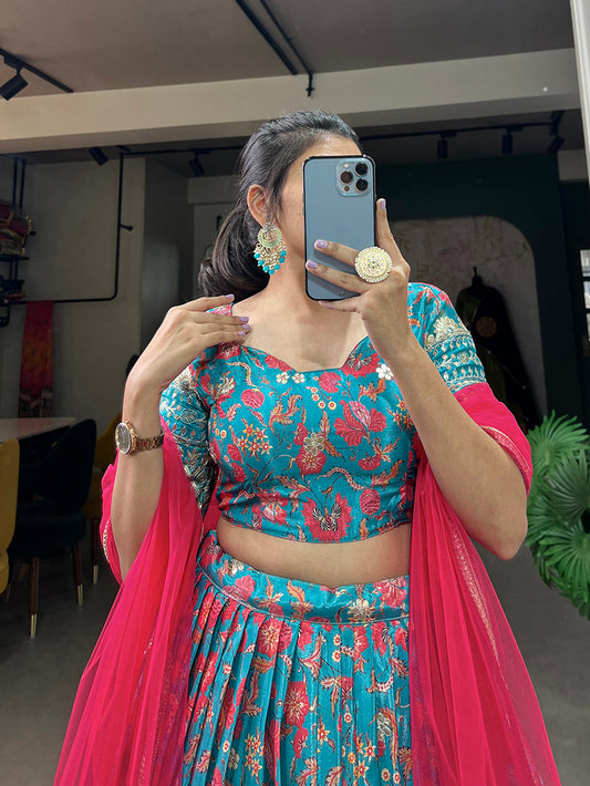 स्काई ब्लू कलर डिजिटल प्रिंटेड सेक्विन और कढ़ाई वर्क चिनॉन लहंगा चोली