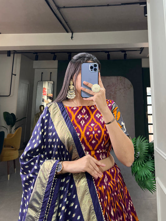 Wine Color Printed With Foil Print Tussar Silk Indian Lehenga Choli