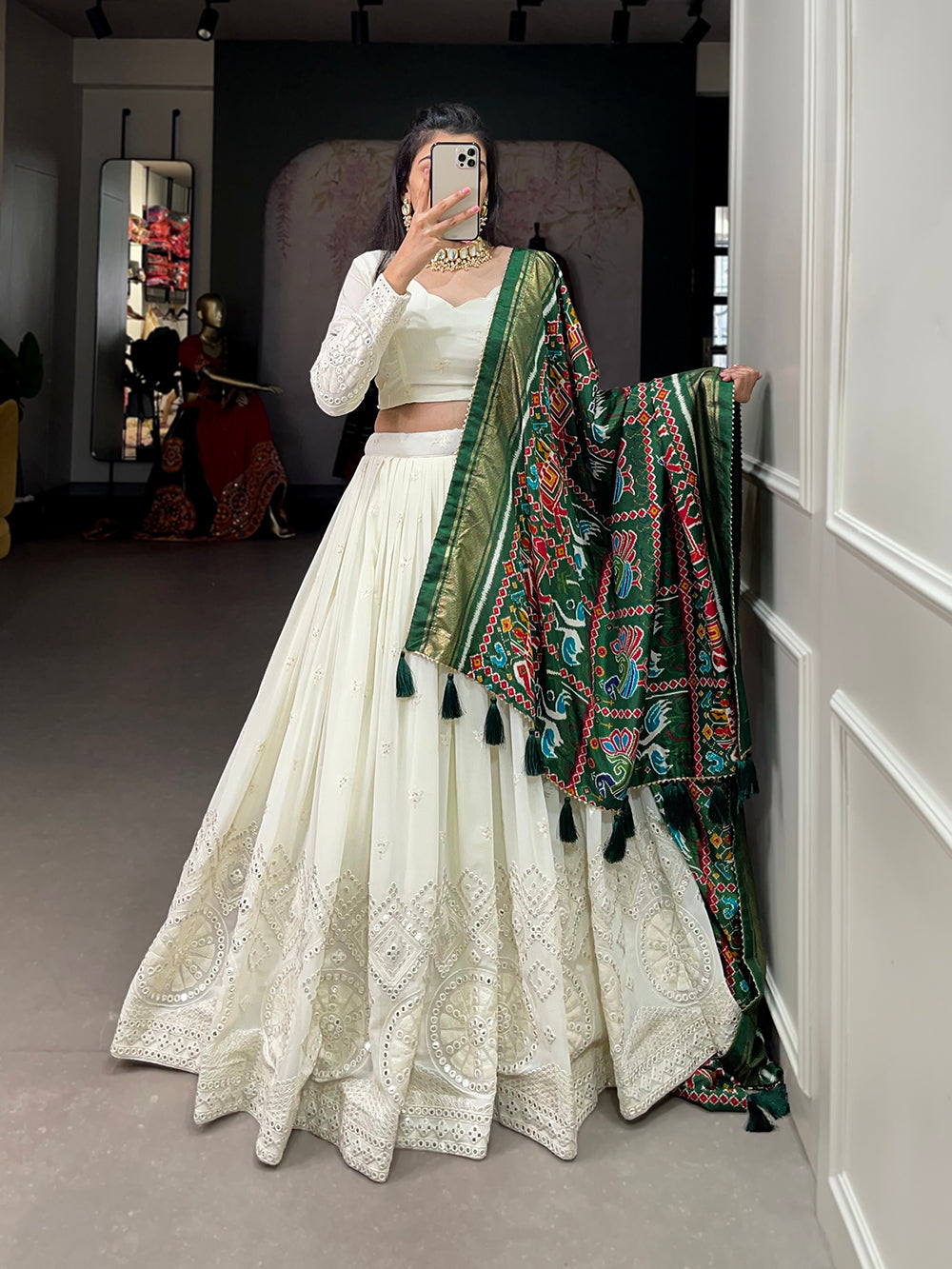 White Color Lucknowi Paper Mirror Work Georgette lehenga Choli