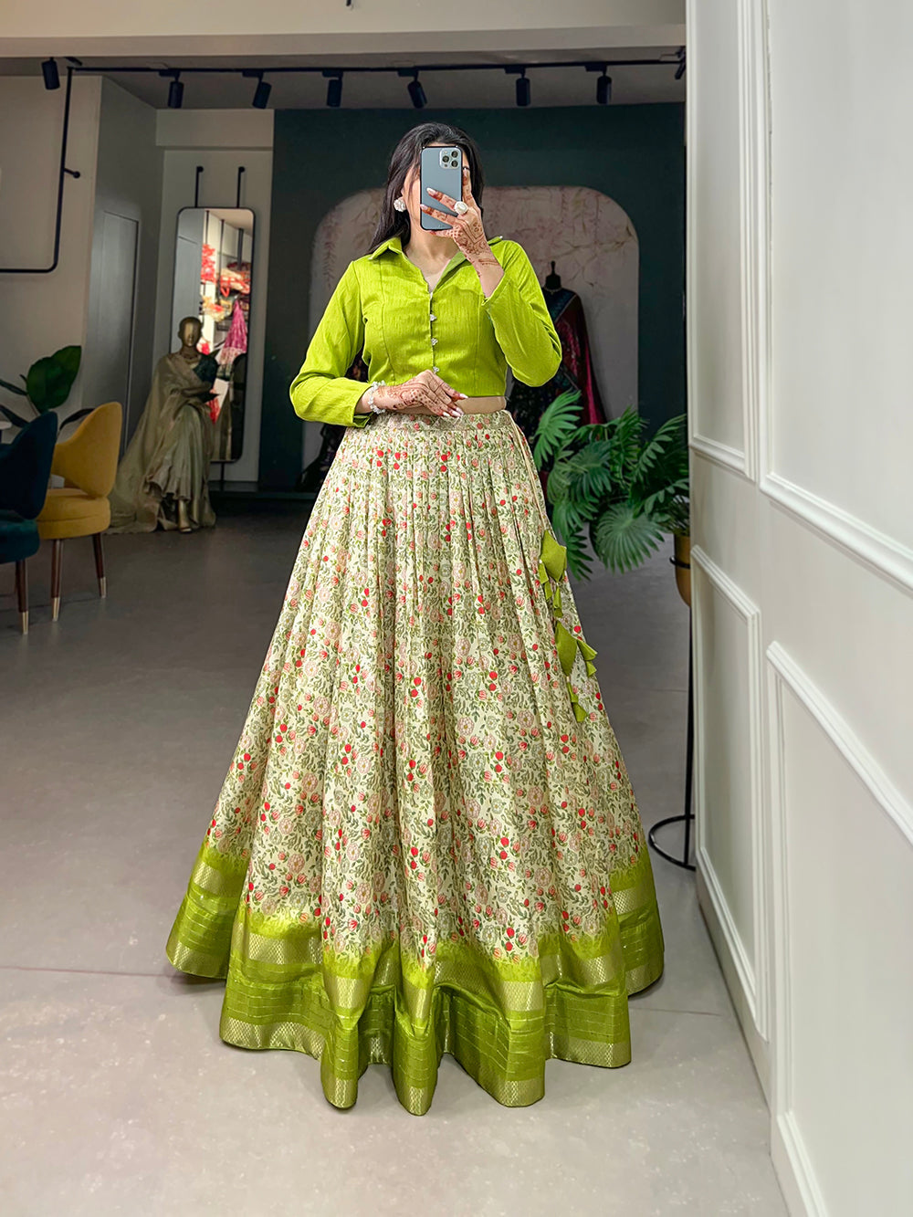 Parrot Color Floral Print With Sequins And Zari Border Dola Silk Co-ord Set Lehenga Choli