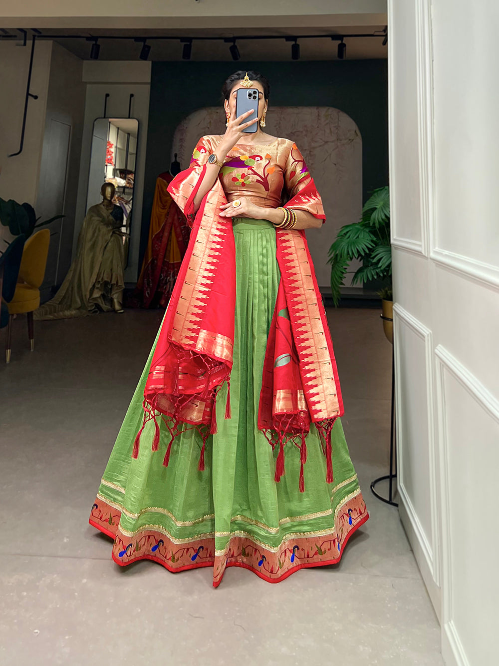 Parrot Color Plain With Paithani Lace Border Vichitra Silk Lehenga Choli