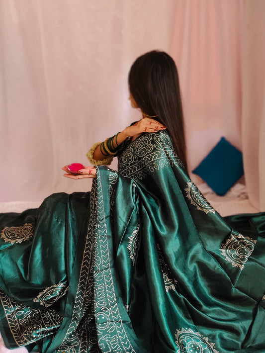 Green Color Printed And Foil Work Semi Gaji Satin Saree