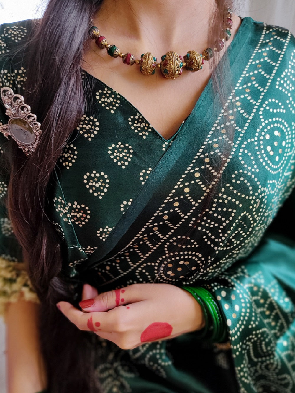 Green Color Printed And Foil Work Semi Gaji Satin Saree