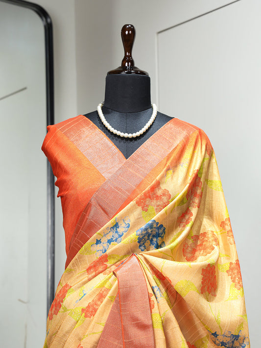 Orange Color Digital Printed Handloom Kotha Border Saree